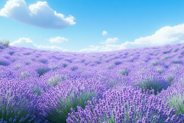 Obraz premium Vast lavender field under a bright blue sky with fluffy white clouds.
