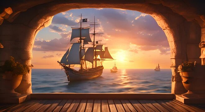 Three pirate ships sailing on the ocean viewed from a balcony at sunset Seamless looping time lapse virtual video animation background 4K