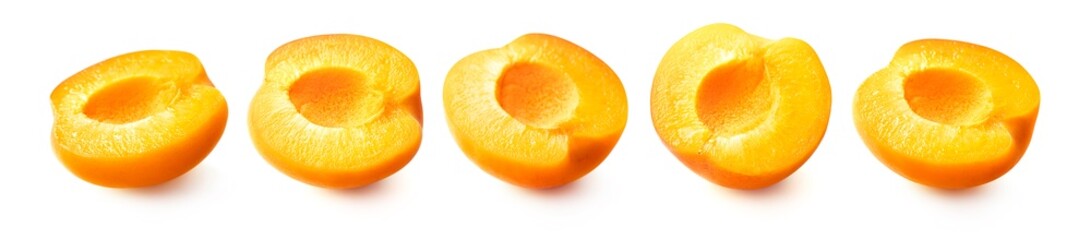Fresh apricot half set isolated on white background. Collection of cut apricot pieces.