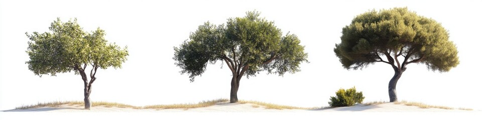 Three trees with green leaves against a white background