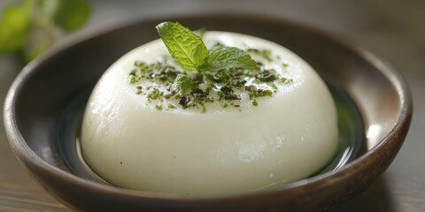 Close-up of a creamy panna cotta dessert topped with fresh mint and a sprinkle of herbs, served in a rustic bowl.