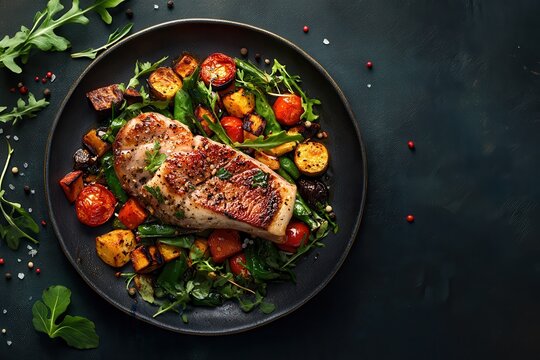 Sturgeon fillet and grilled veggies Pub menu on a dark backdrop Vibrant appetizing food imagery