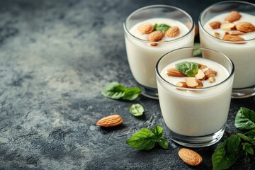 Summer treat with apricot compote skyr and roasted almonds in glasses Healthy protein option for fitness or dieting