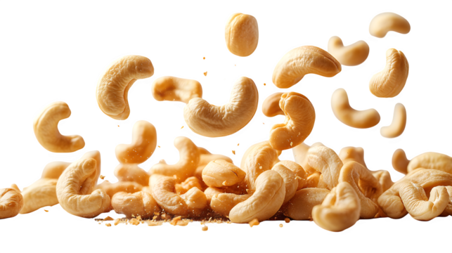 Falling cashew nuts in natural arc, snack food in motion isolated on white background