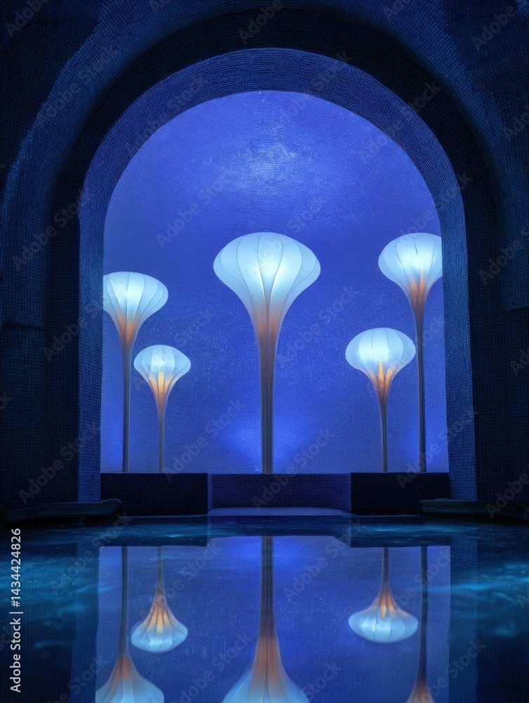 Poster archway in a dark room with a blue light shining through it. the archway is made of stone and is arc