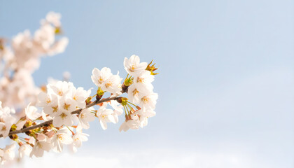 Fototapeta premium Close-up of cherry blossom branches swaying in the wind, blue sky background, spring renewal