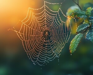 Delicate spider web adorned with morning dew, glistening in soft sunrise light