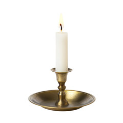 Lit White Candle on a Brass Holder on white background