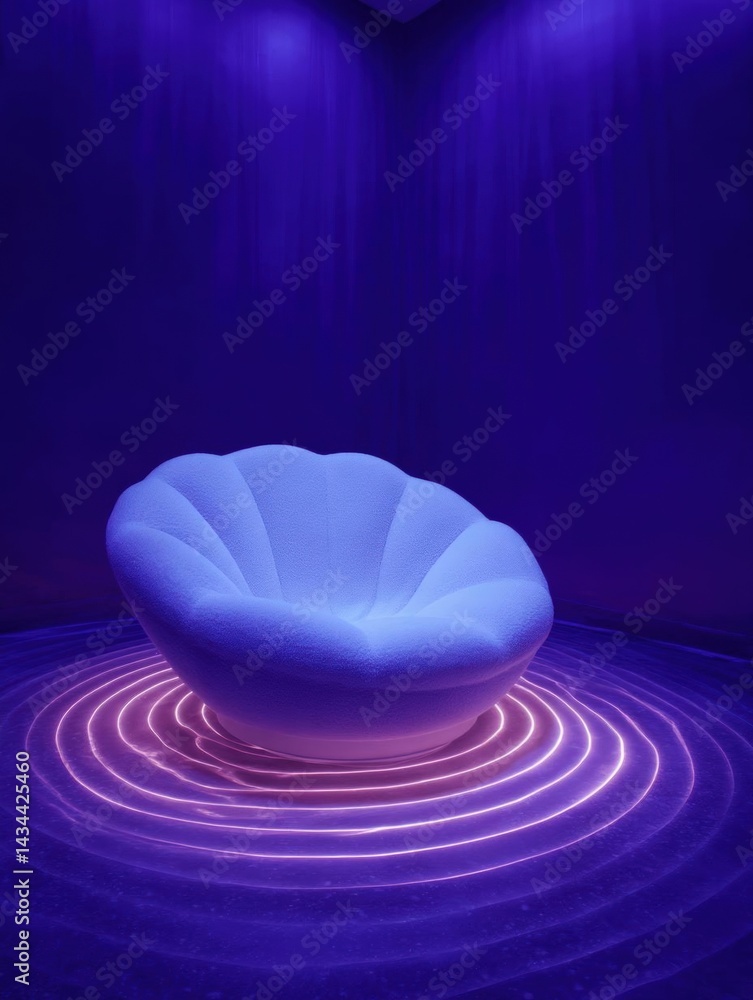 Poster white chair in the center of a dark room with a blue light shining on it. the chair is in the shape 