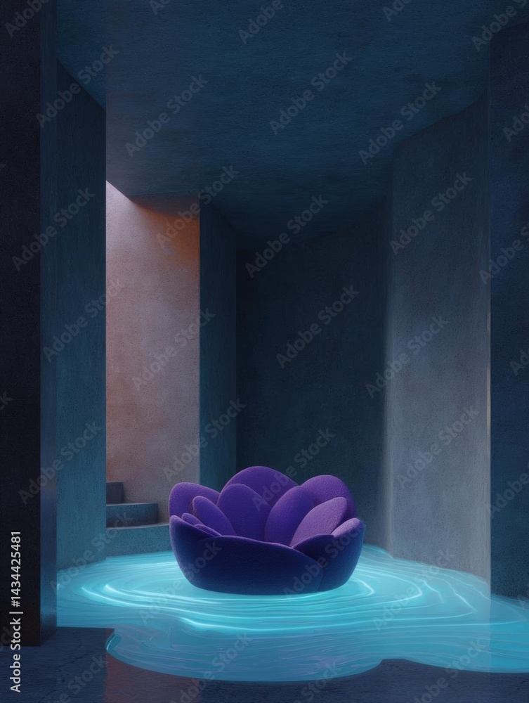 Poster modern and minimalist interior space with a dark blue color scheme. the walls are made of concrete a