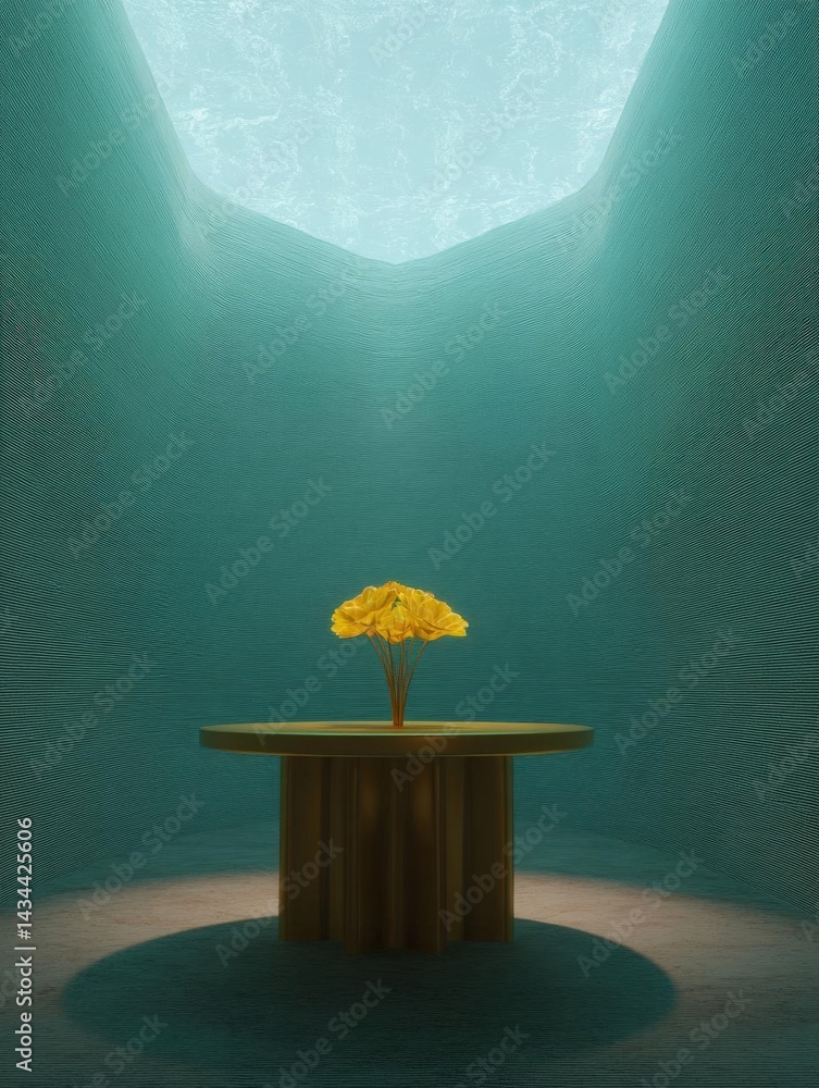 Poster round wooden table with a single yellow flower on top of it. the table is placed in the center of th