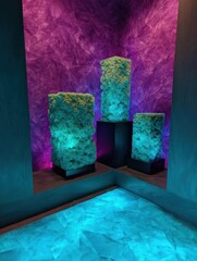 Three tall, cylindrical objects with a unique design. the objects are arranged in a triangular formation, with the tallest object in the center and the two smaller ones on either side.