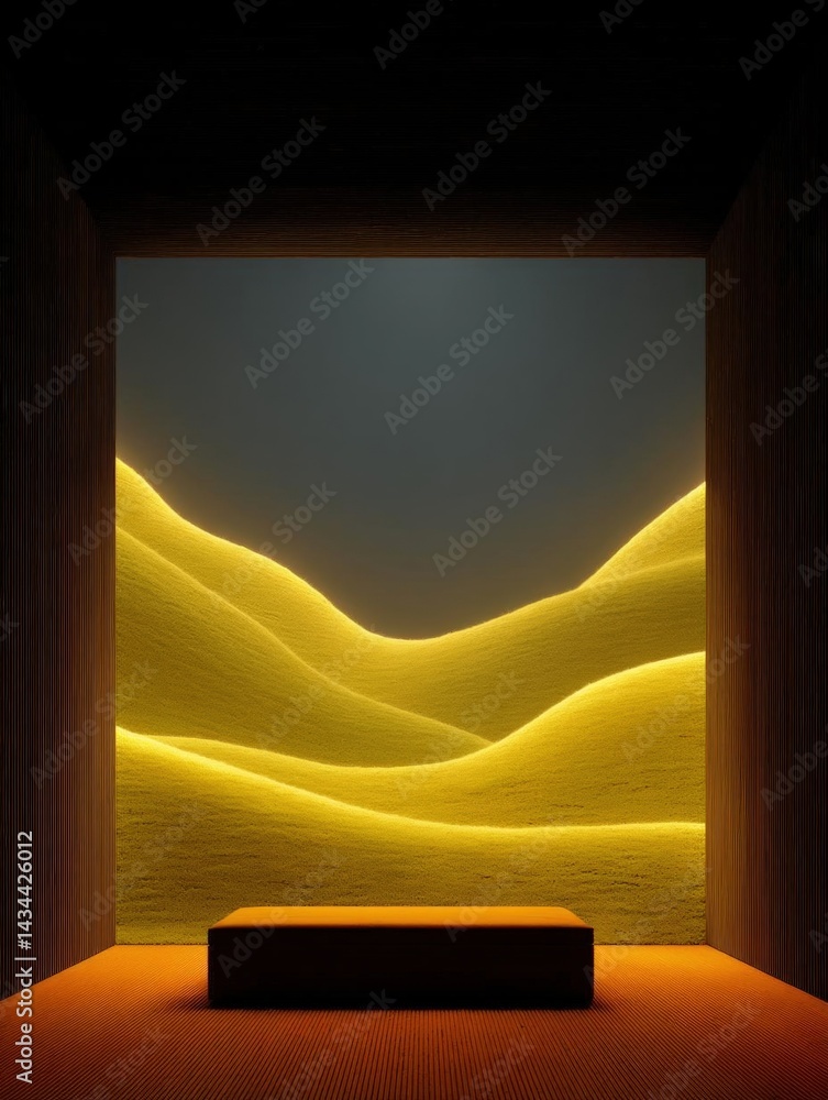 Poster empty room with a large window in the center. the window is framed by two wooden walls on either sid