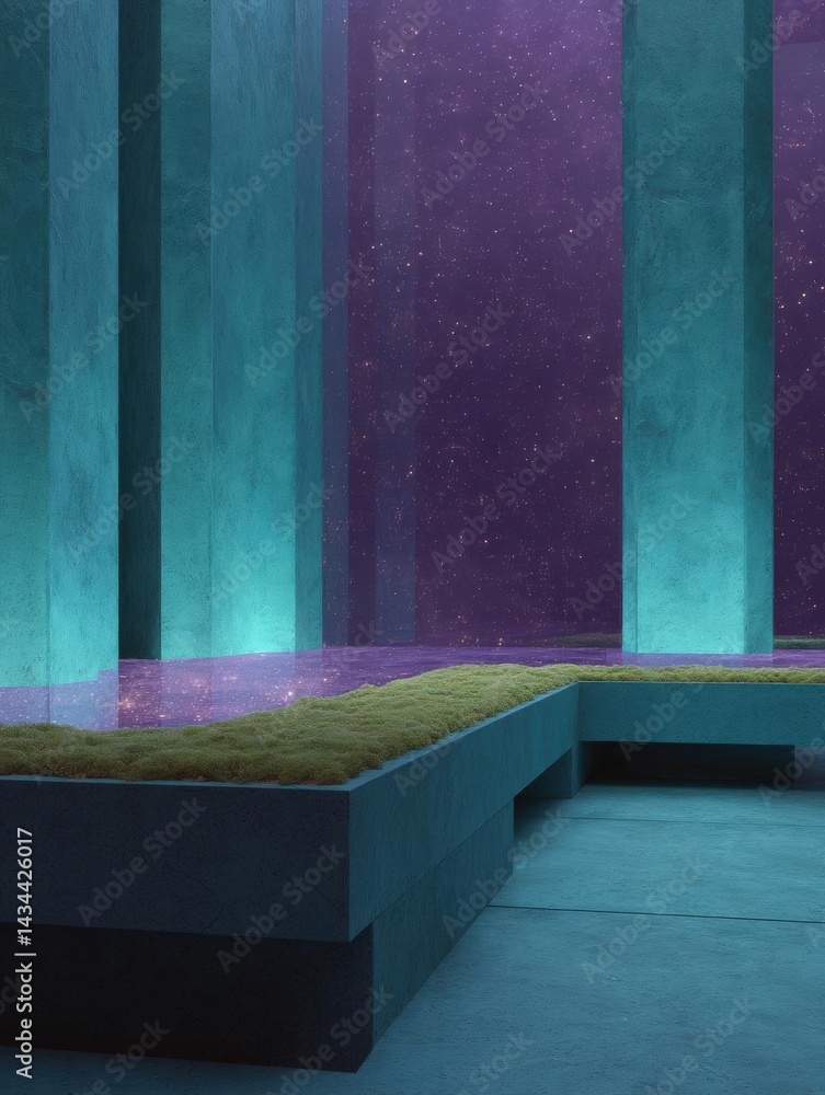 Poster long, narrow corridor with three tall columns on either side. the columns are painted in a gradient 