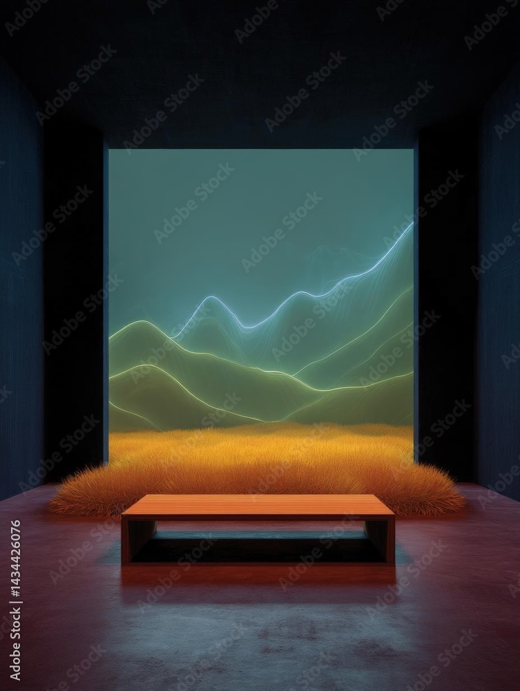 Poster Empty room with a large window in the center. the window is framed by two black walls on either side. the floor is made of concrete and there is a wooden bench in front of the window.