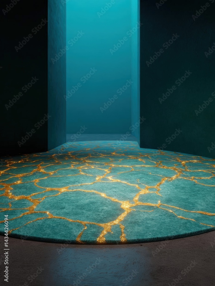 Poster empty room with a round carpet on the floor. the carpet is made of a blue-green material with a patt