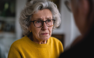 Concerned elderly woman with curly gray hair and glasses wearing a yellow sweater, engaged in a serious conversation.
