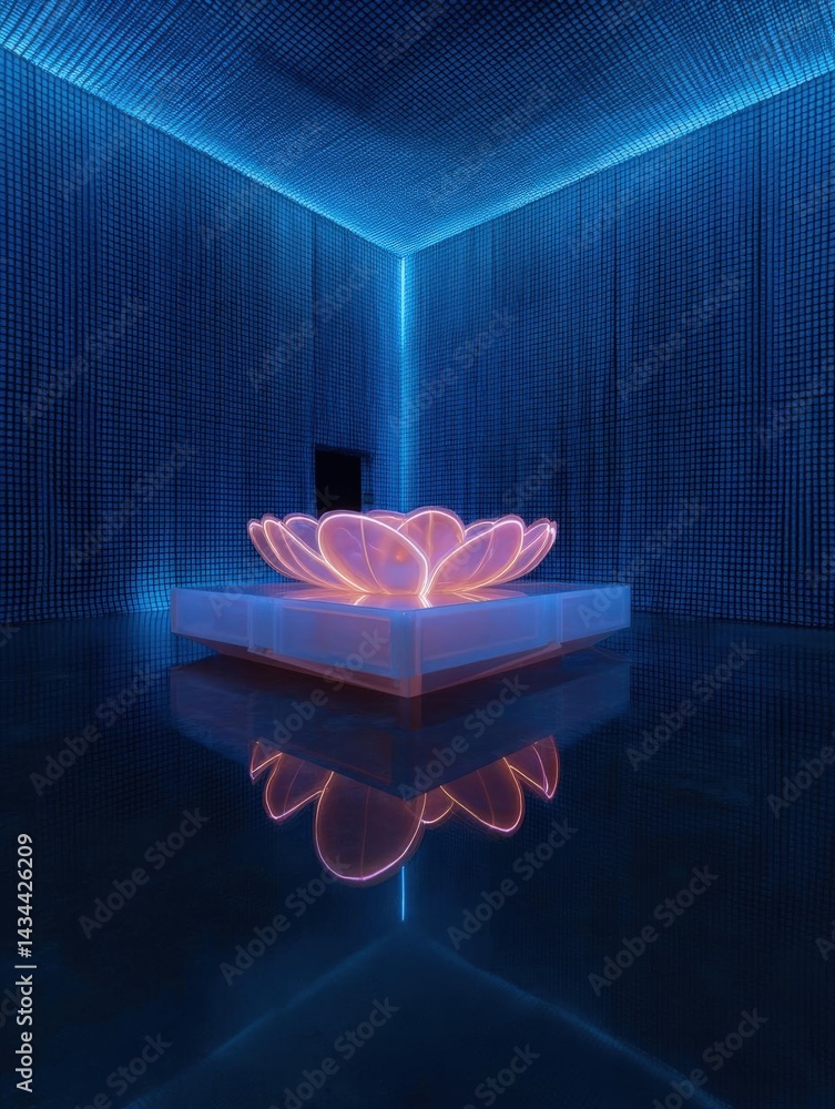 Aufkleber modern and minimalist interior space with a high ceiling. the walls are covered in small blue square