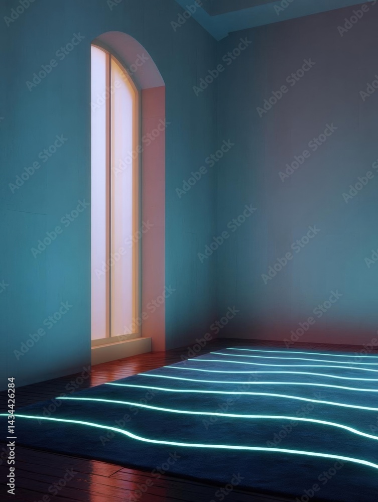Poster empty room with a large arched window on the left side. the walls are painted in a light blue color 