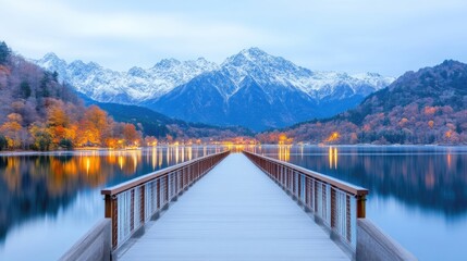 Serene Lakeside Pathway with Snow-Capped Peaks