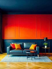 Modern Living Room Interior with Dramatic Black to Red Gradient Wall and Minimalist Furniture in Bold Artistic Style and Ambient Blossom Glow – Generative AI
