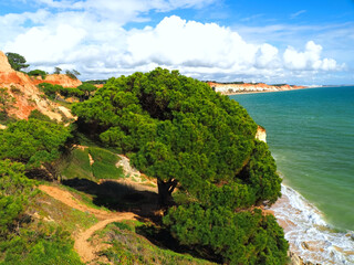 Algarve beach at Olhos de Agua with red cliffs at the coast of south Portugal