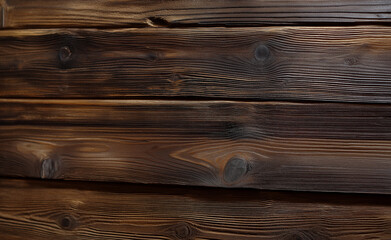 Naklejka premium Dark stained wooden planks arranged vertically, showcasing rich textures and natural grain patterns. 