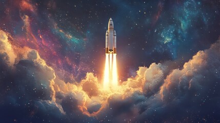 Fototapeta premium Powerful rocket launch through ethereal cosmic clouds.