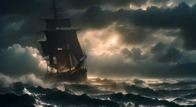 Powerful storm brewing over the dark sea at night Dramatic and intense maritime scene Seamless looping time lapse virtual video animation background 4K
