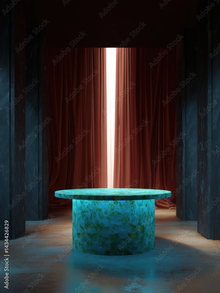 Poster round table in the center of a room with dark walls and a red curtain in the background. the table i