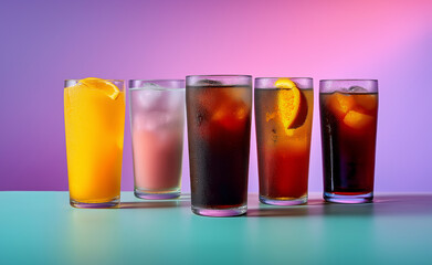 Vibrant cocktails in gradient colors with ice cubes lined up against a pastel pink and blue background.
