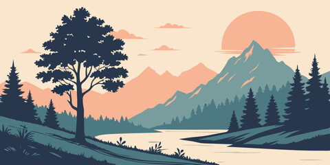 Snowy mountain landscape with trees under a winter sky