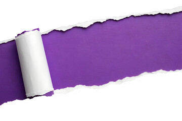 torn paper effect, ripped purple background, white paper roll, revealing purple layer underneath, 3D texture, contrast, clean edges, minimalist design, abstract composition, vibrant purple color