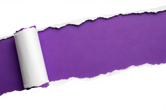 torn paper effect, ripped purple background, white paper roll, revealing purple layer underneath, 3D texture, contrast, clean edges, minimalist design, abstract composition, vibrant purple color