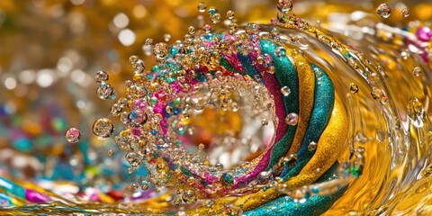 Close-up of a dynamic water wave with embedded colorful jewels, creating a vibrant and luxurious abstract image.