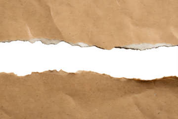Torn brown paper, ripped edge, white background, textured surface, kraft paper, jagged tear, contrasting layers, close-up, minimalist composition, rough texture, natural materials, paper craft