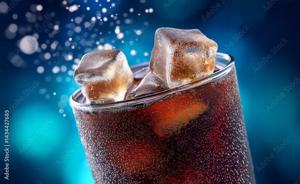 Poster glass of fizzy cola with ice cubes and festive bokeh lights in the background creating a holiday vib