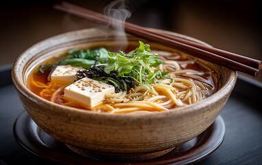 Steaming bowl of Asian noodle soup