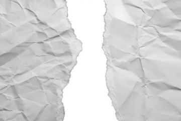Torn paper texture, white crumpled paper, ripped edges, central gap, high contrast, minimalist composition, abstract background, paper art, grayscale image, wrinkled surface, negative space