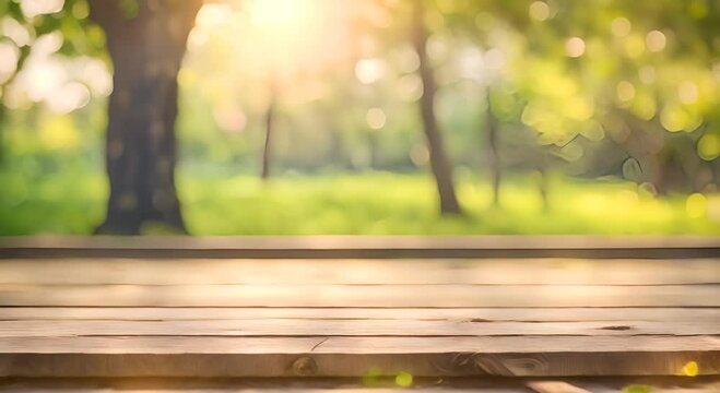 Nature background Wood table for food and product display over blur green tree garden Blur park nature outdoor and wood table with bokeh light background in spring and summer 4K