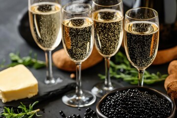 Toast topped with sturgeon caviar and butter accompanied by champagne Vertical layout