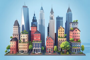 Fototapeta premium Colorful Cityscape with Diverse Buildings Against Clear Sky 