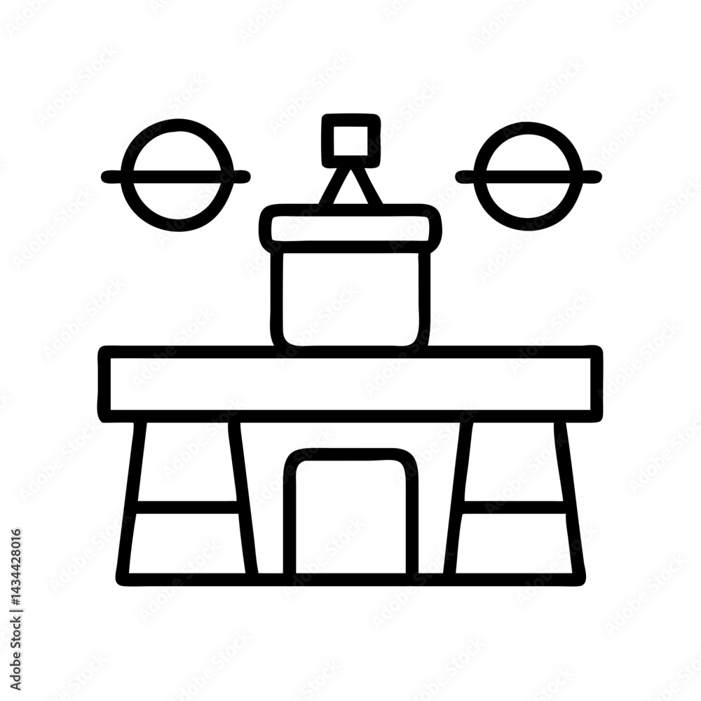 Poster outline drawing of a science experiment setup with table, container, and spheres for education use