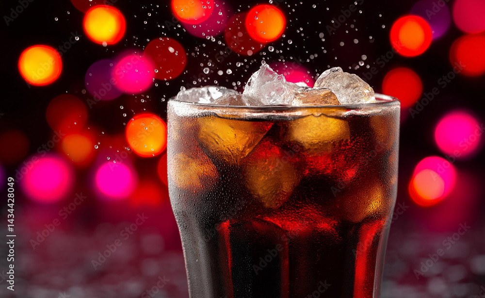 Poster glass of fizzy cola with ice cubes and festive bokeh lights in the background creating a holiday vib