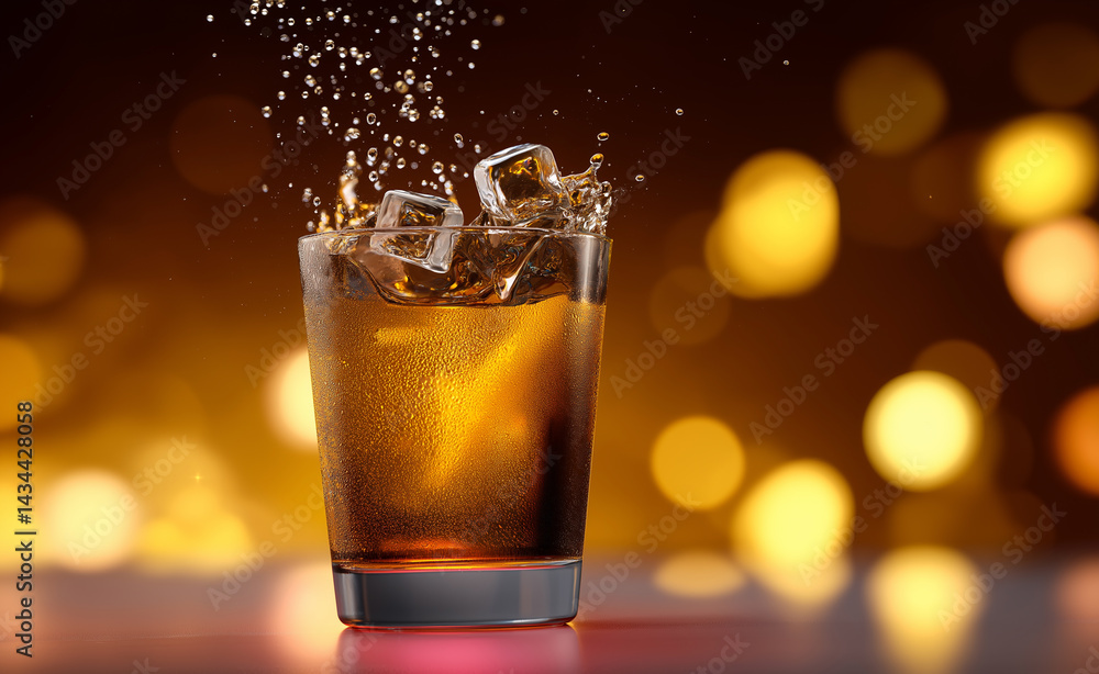 Poster glass of fizzy cola with ice cubes and festive bokeh lights in the background creating a holiday vib