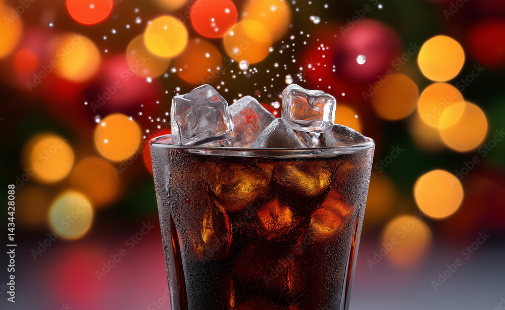 Poster glass of fizzy cola with ice cubes and festive bokeh lights in the background creating a holiday vib