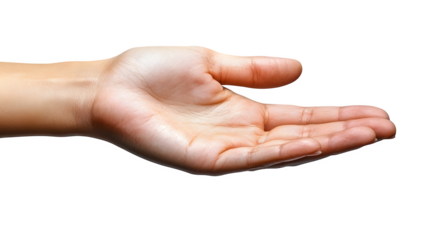 Female hand with fingers spread wide, holding an invisible object, isolated on white background
