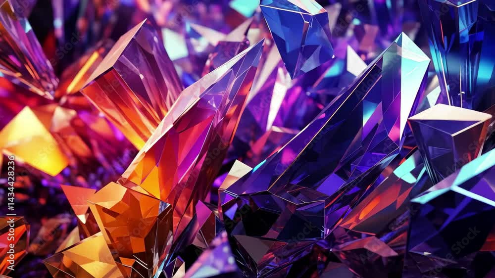Poster visual exploration of an abstract background depicting luminous crystals surrounded by a colorful sp
