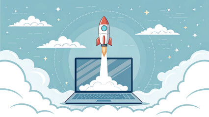 Start up banner with laptop, rocket, clouds in realistic style. Vector illustration