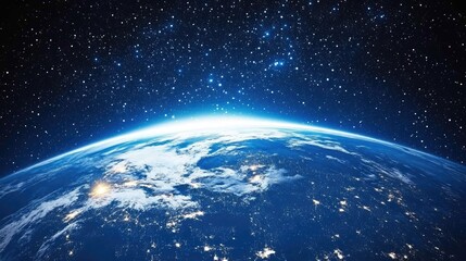 Obraz premium Stunning view of Earth from space at night, showcasing city lights and starlit sky.